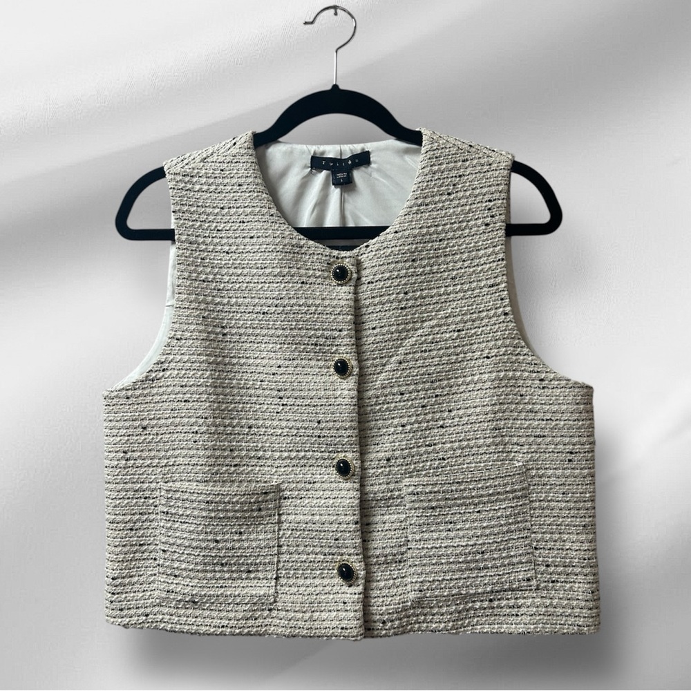 Tullea Cream Tweed Sleeveless Button Up Pocket Vest Large
